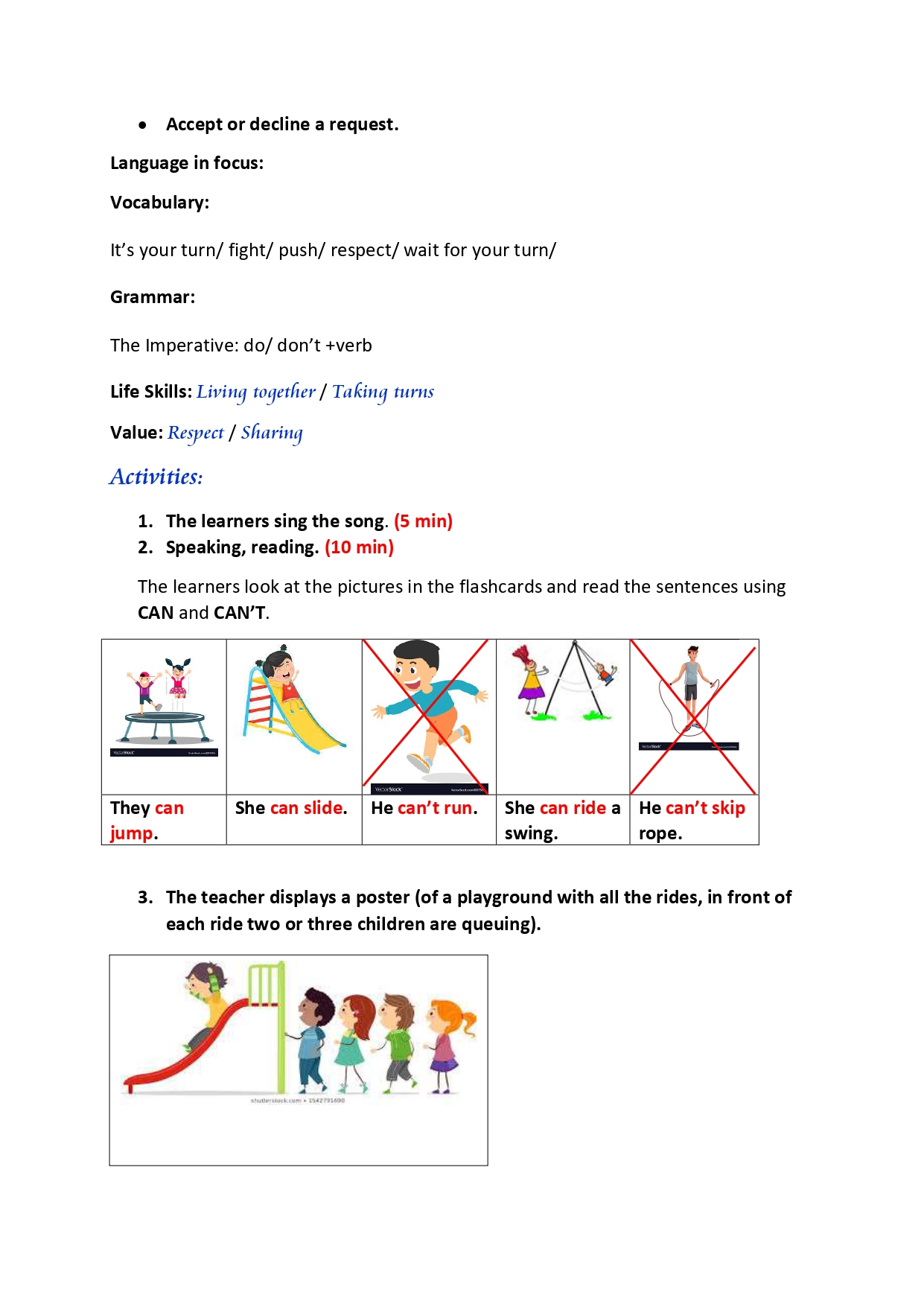 Fiche d'activité : révision can/can't et affiche d'enfants qui font la queue devant un toboggan pour apprendre à attendre son tour